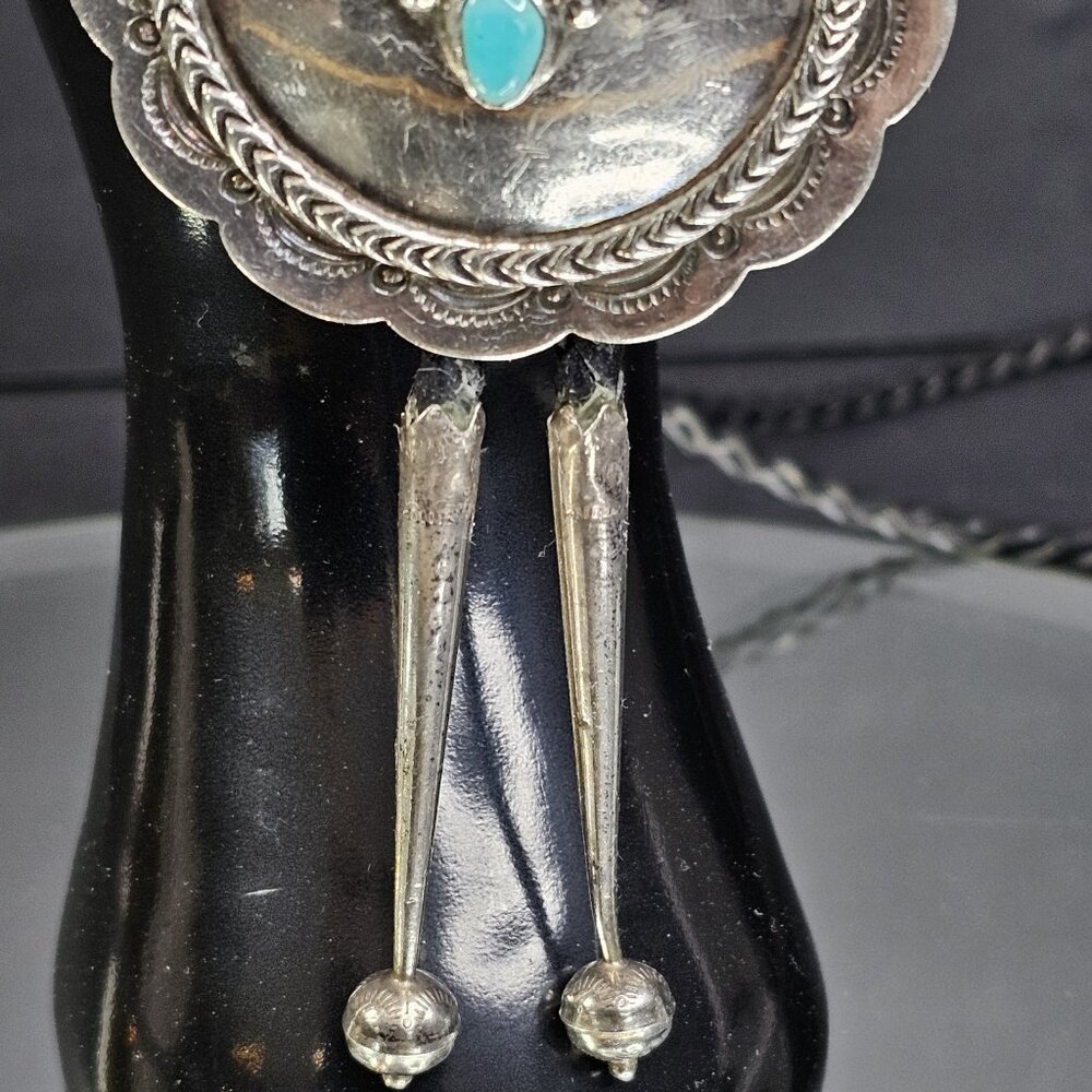 Navajo Turquoise And Coral Sterling Silver Bolo Tie Native American Vintage - Picture 3 of 11